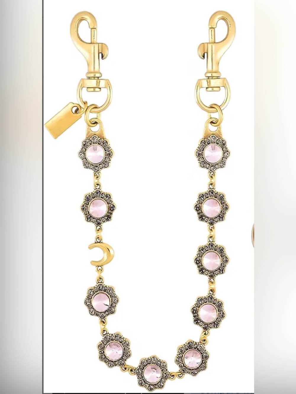 Designer inspired Brass Tone Pink Crystal Flower Bag Charm